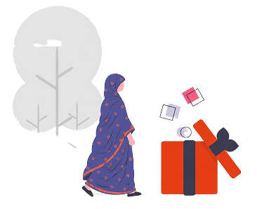 رسم توضيحي: زبونة تفتح هدية، رمزًا لعروض جُملة